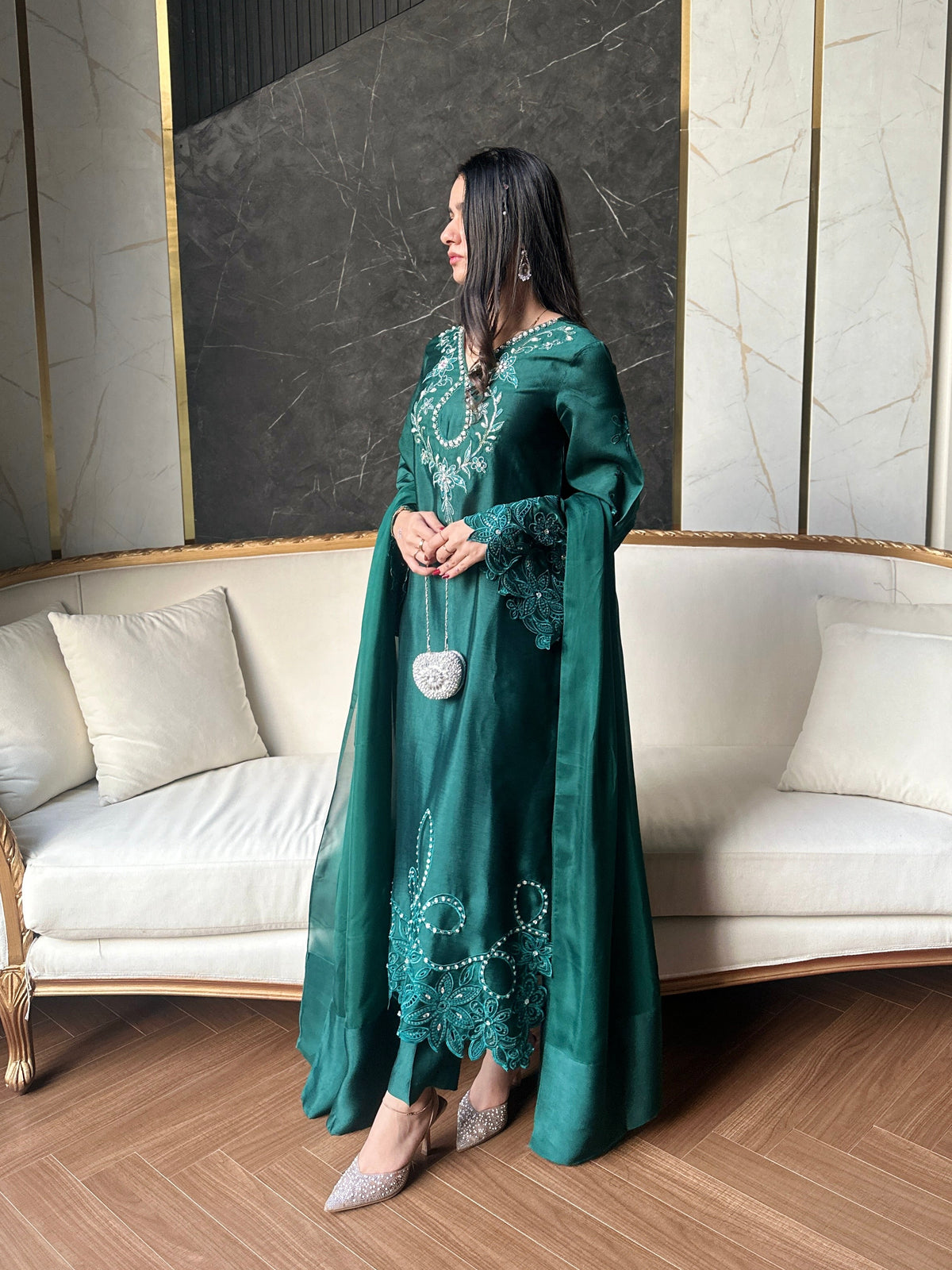 Irena - Dark green shisha silk embroidered Pakistani formal 3-piece suit – SCHEREZĀDE