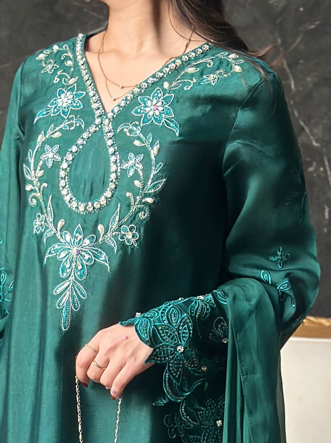 Irena - Crystal and sequin hand-embellished neckline with cutwork on dark green shisha silk – SCHEREZĀDE