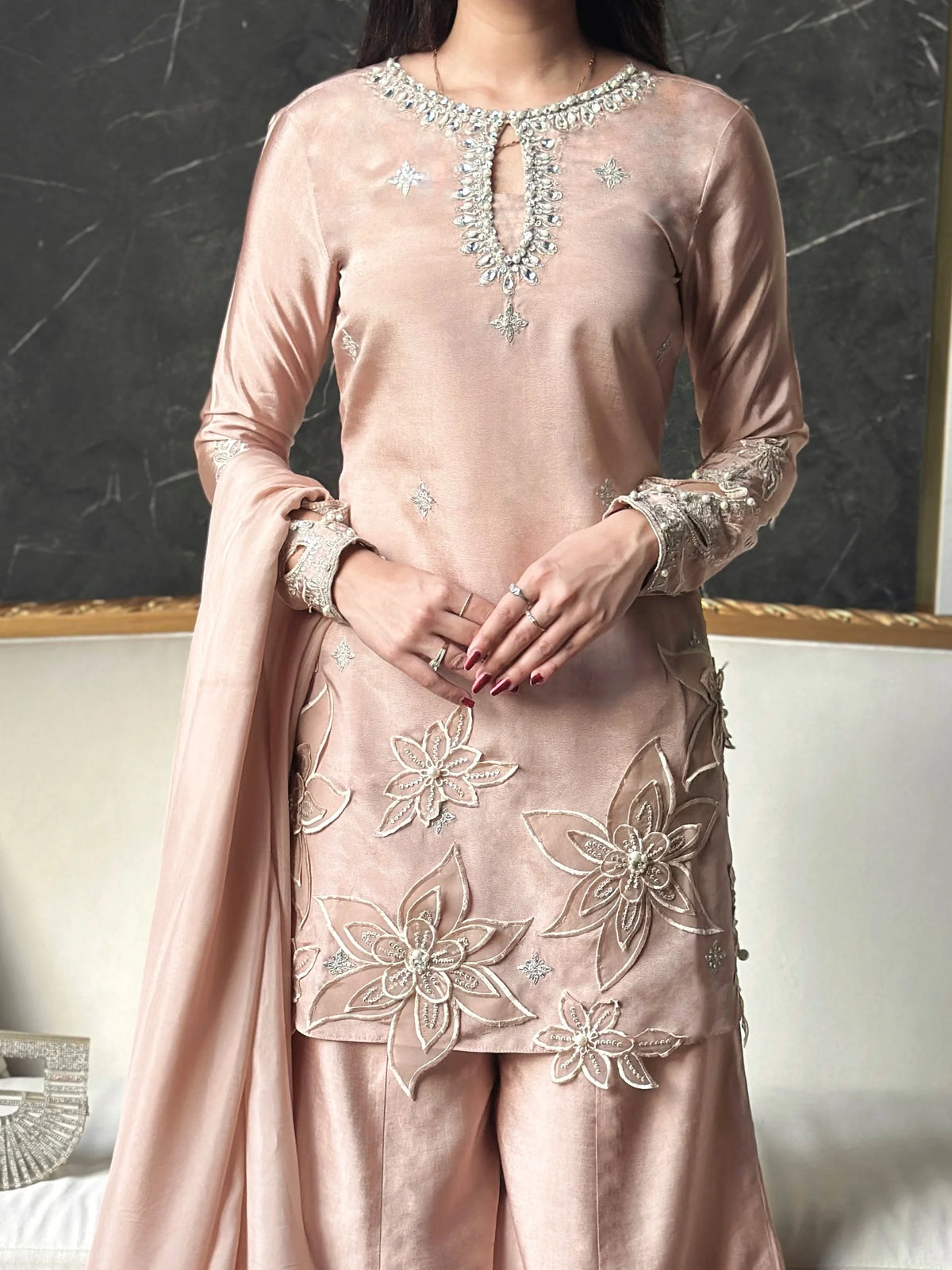 Vanilla - Delicate embroidery and hand-embellishment on ivory Pakistani pret – SCHEREZĀDE