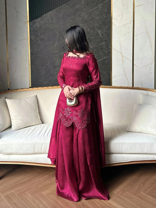 Berry-toned embellished Pakistani luxury pret 3-piece suit – SCHEREZĀDE Amelia collection