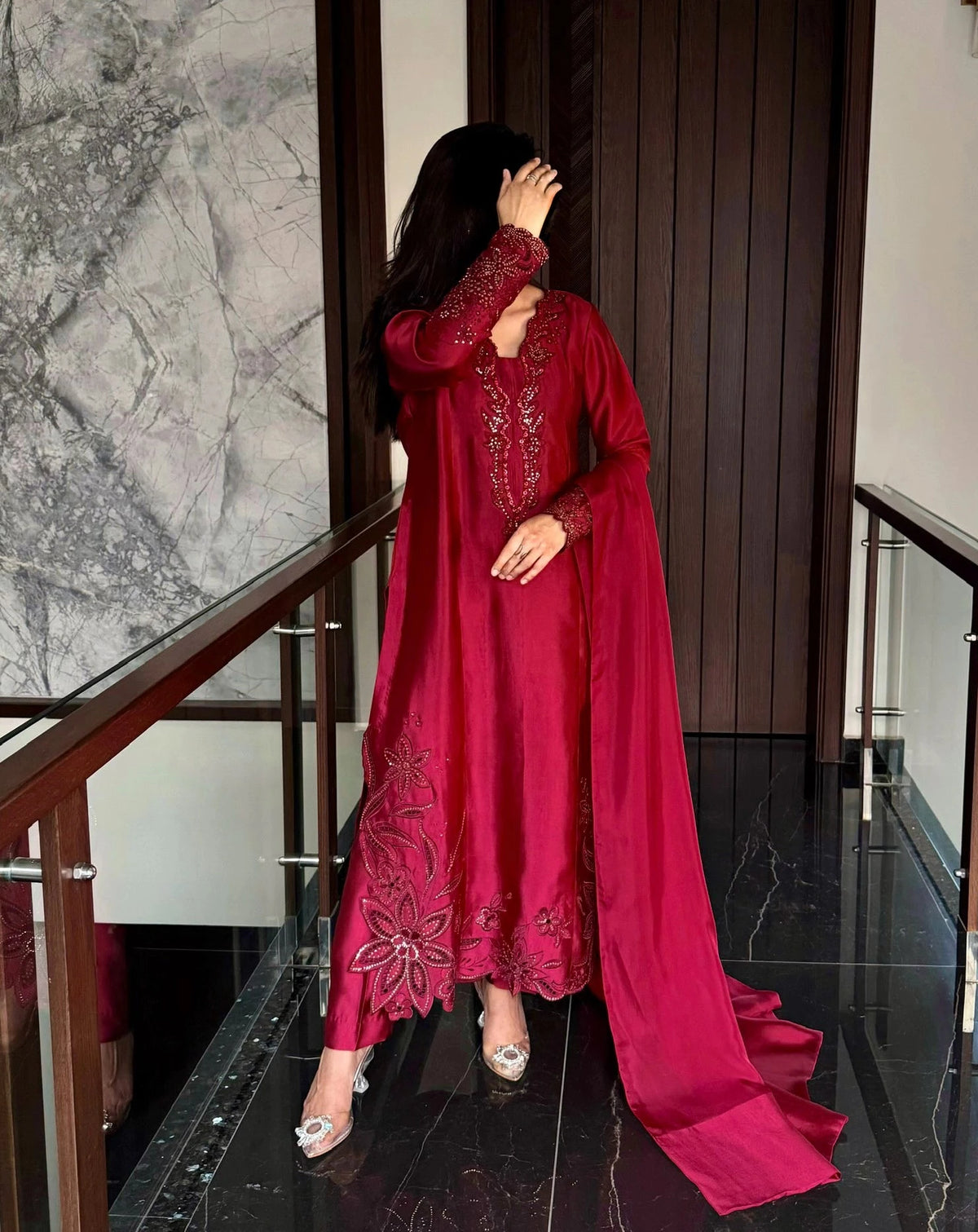 MYLA – Wine-Cherry Shisha Silk 3 Piece Luxury Pret | SCHEREZĀDE