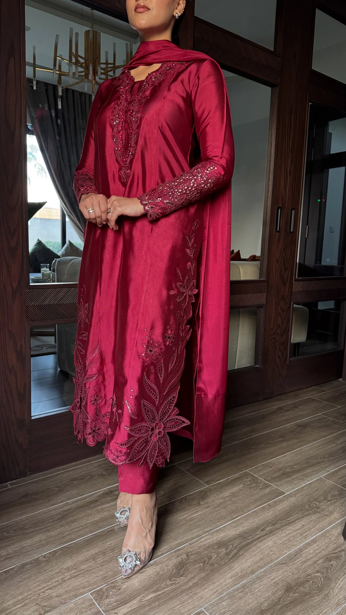 MYLA – Wine-Cherry Shisha Silk 3 Piece Luxury Pret | SCHEREZĀDE