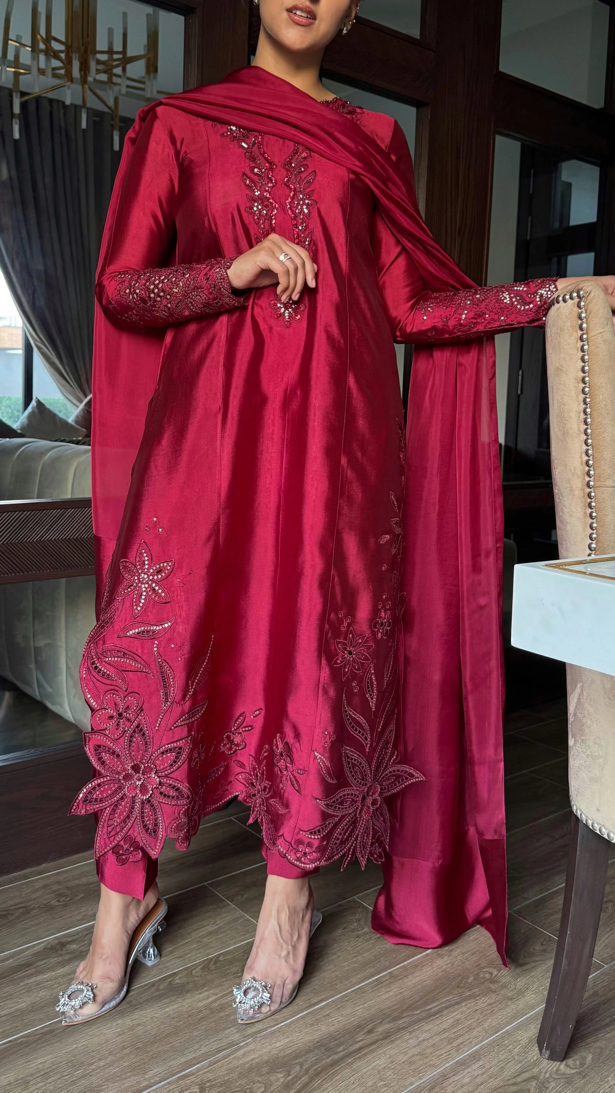 MYLA – Wine-Cherry Shisha Silk 3 Piece Luxury Pret | SCHEREZĀDE
