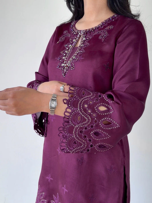 CADBERRY - Crystal and sequin hand-embellished neckline on mulberry shisha silk short shirt – SCHEREZĀDE