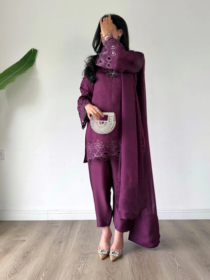 Cadberry - Mulberry shisha silk short shirt Pakistani contemporary pret 3-piece – SCHEREZĀDE